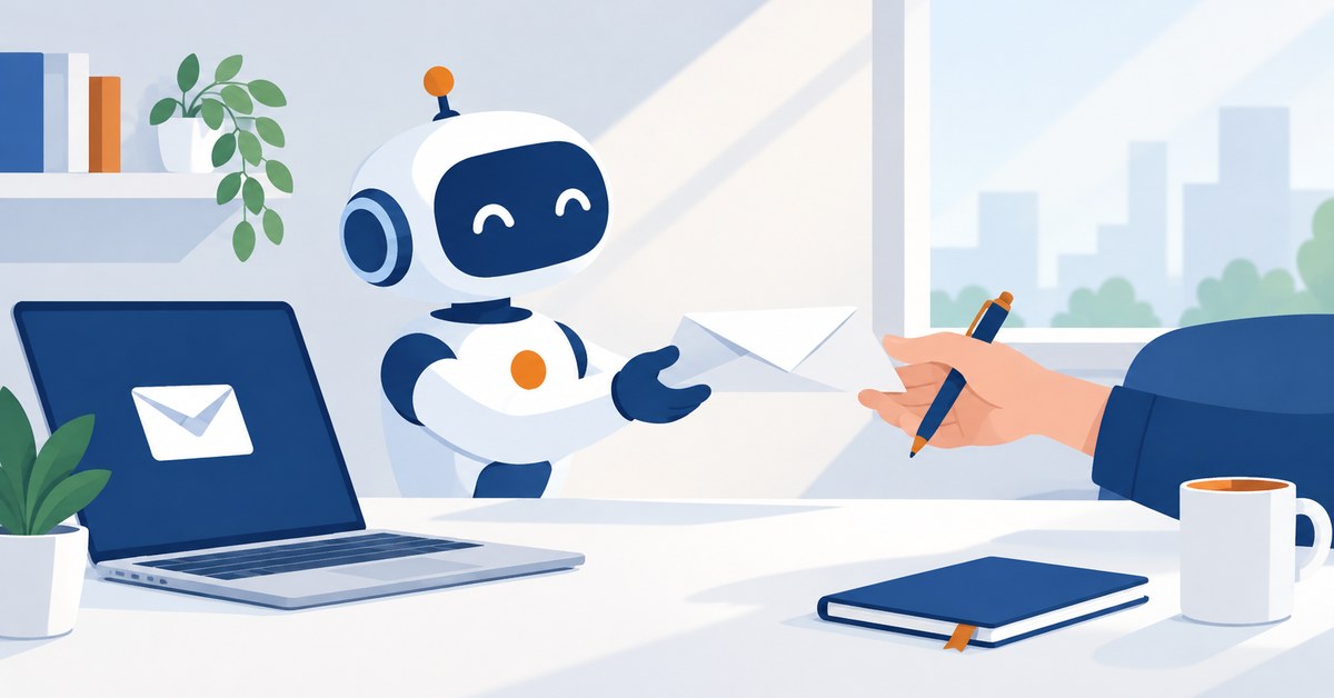 小さなロボットが下書きの紙を人の手に渡している机の上の様子